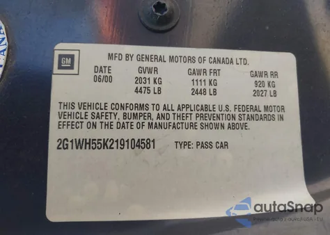 2001 Chevrolet Impala Ls из США, поврежденный, VIN 2G1WH55K219104581